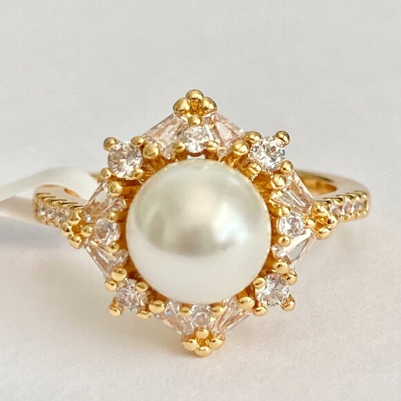 Art Deco Cubic Zirconia White Pearl Cocktail Ring Yellow Gold Plated Size 7 8 9 - Picture 3 of 15